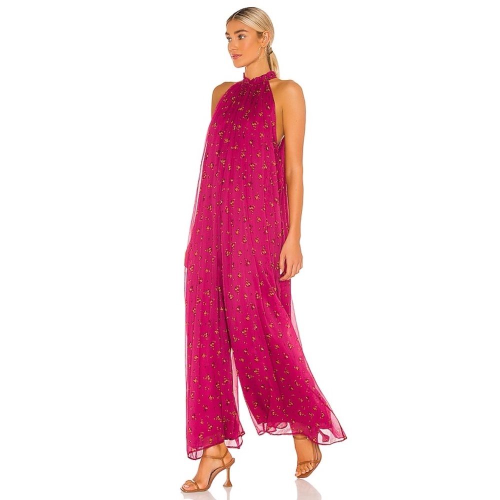 Free People‎ Edge of Love Pop Combo Floral Georgette Halter Jumpsuit S Resort